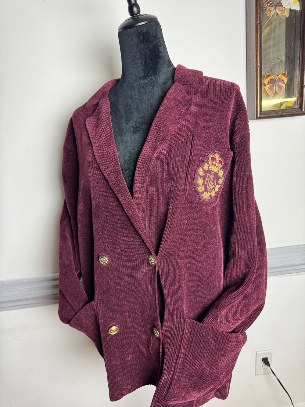 Ralph Lauren Double RL Burgundy Corduroy Double-Breasted Blazer with Crest